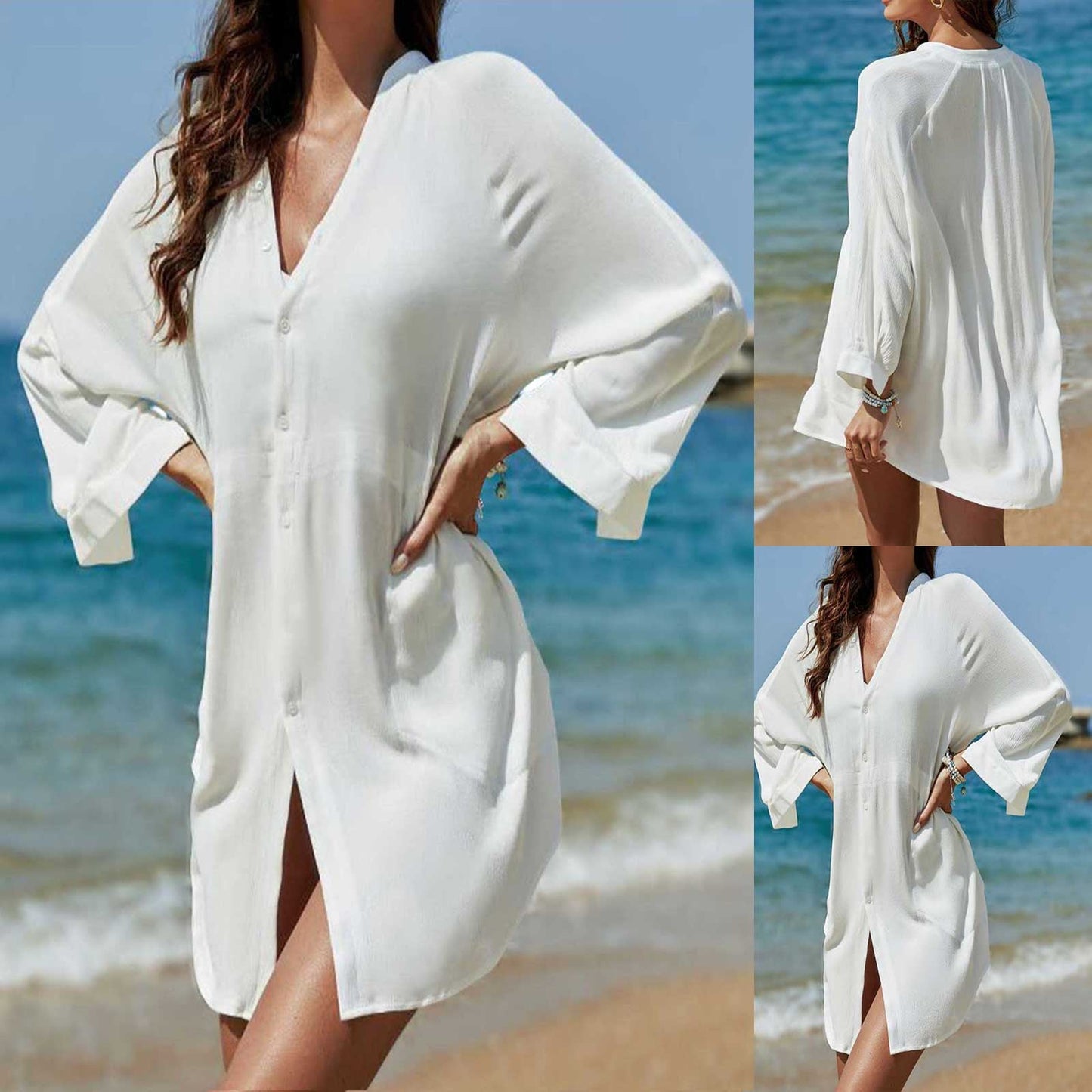 NIMA witte eenvoudige lichtgewicht lange zomer blouse