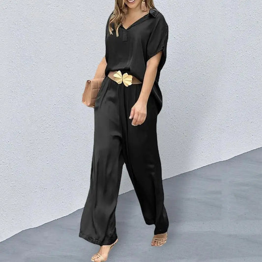 NIMA effen kleur wijde pijpen blouse en broek set
