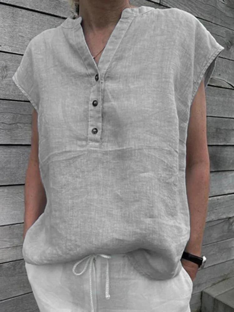 NIMA witte staande kraag knoop linnen dames blouse