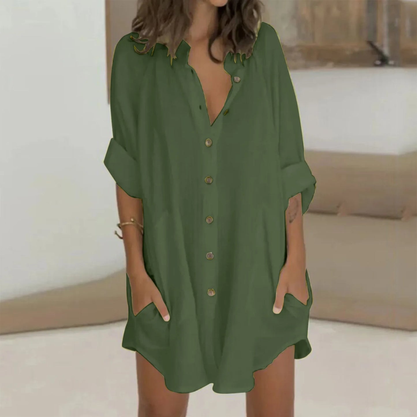 NIMA groene lichtgewicht ademende lange zomer blouse
