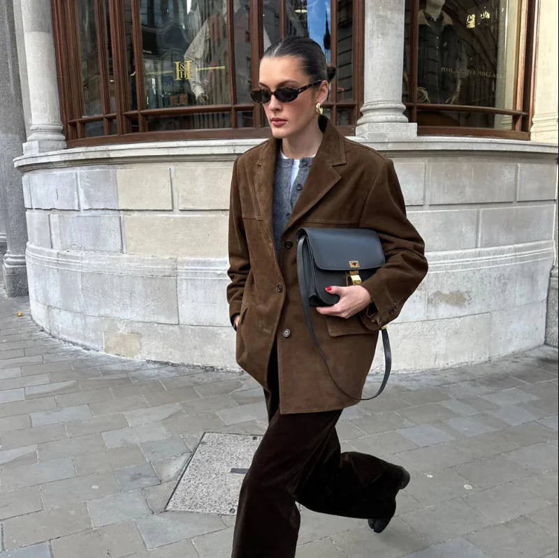 Hedi - oversized suede long coat with a turned-down collar