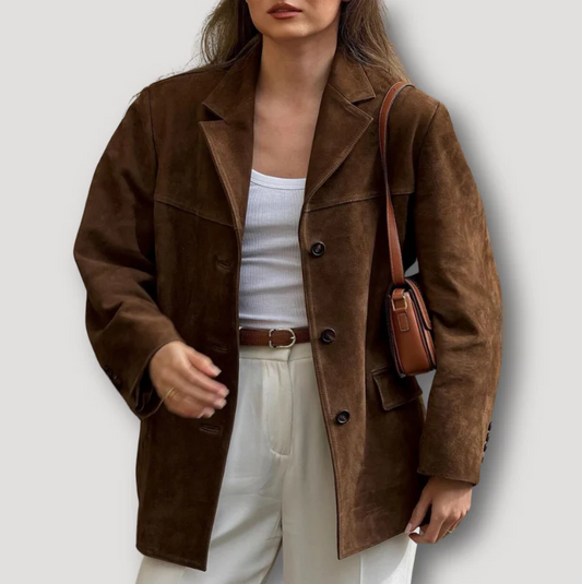 Hedi - oversized suede long coat with a turned-down collar