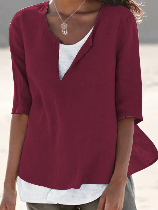 NIMA elegante witte o hals linnen dames blouse