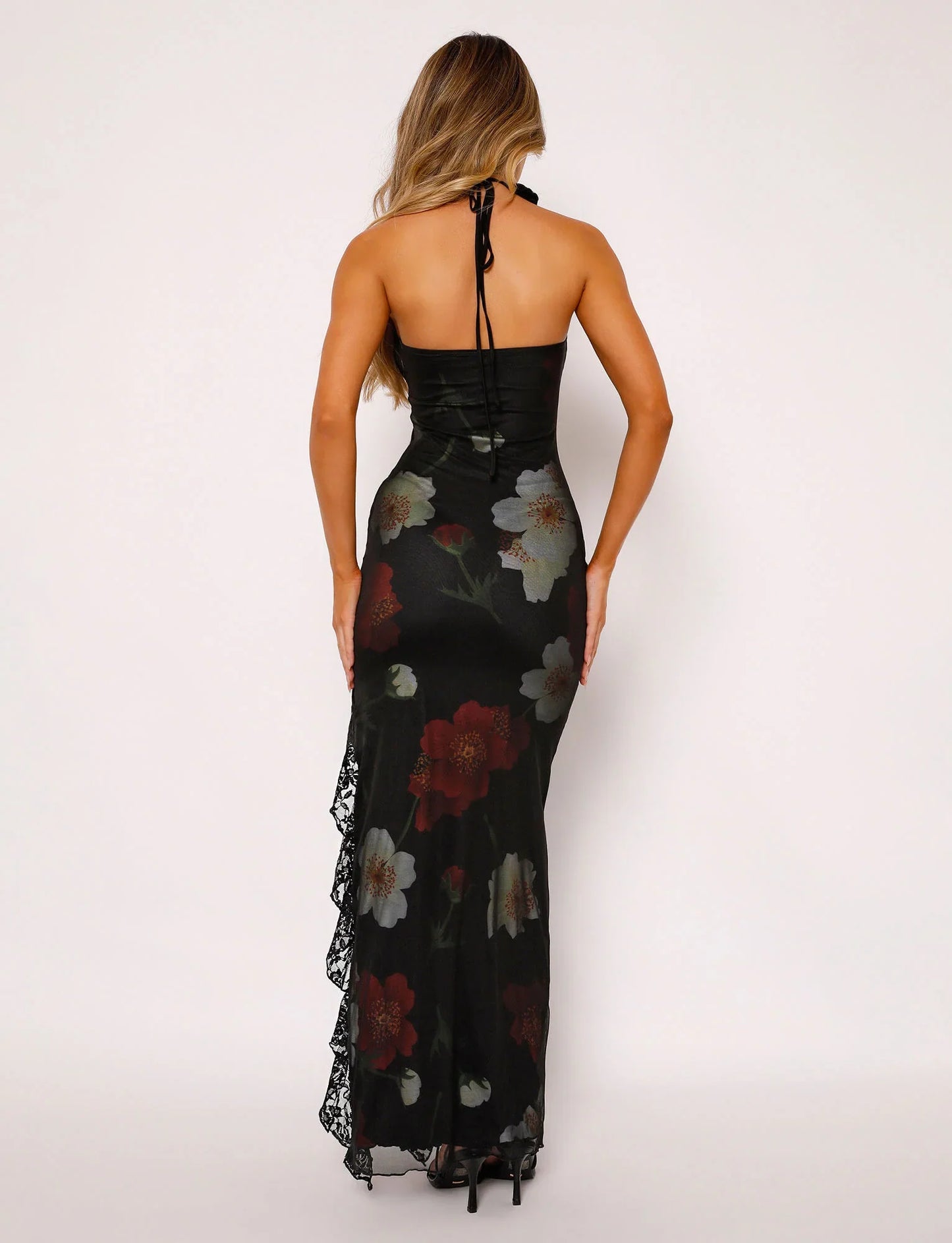 NIMA Rozen zwarte maxi jurk