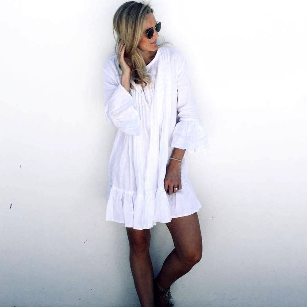 NIMA witte gevoerde lange zomer blouse met ronde hals