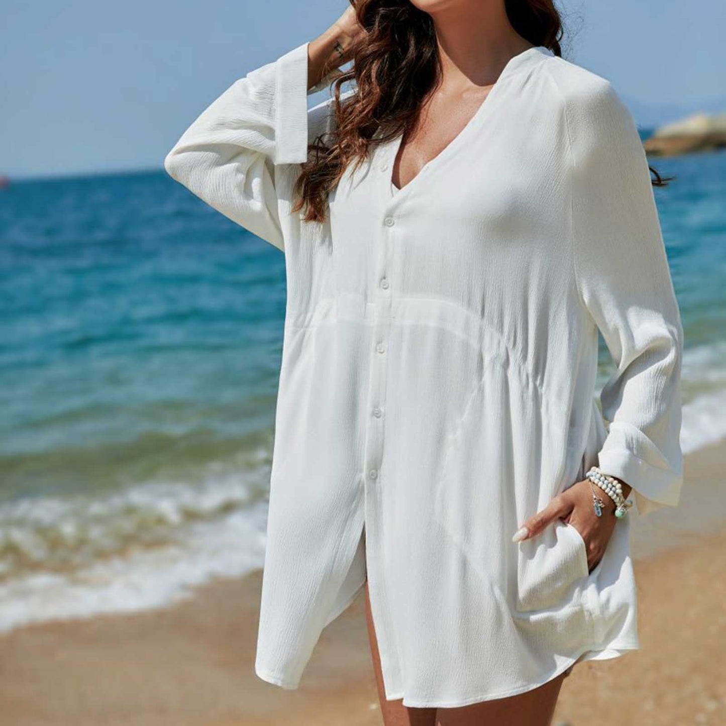 NIMA witte eenvoudige lichtgewicht lange zomer blouse