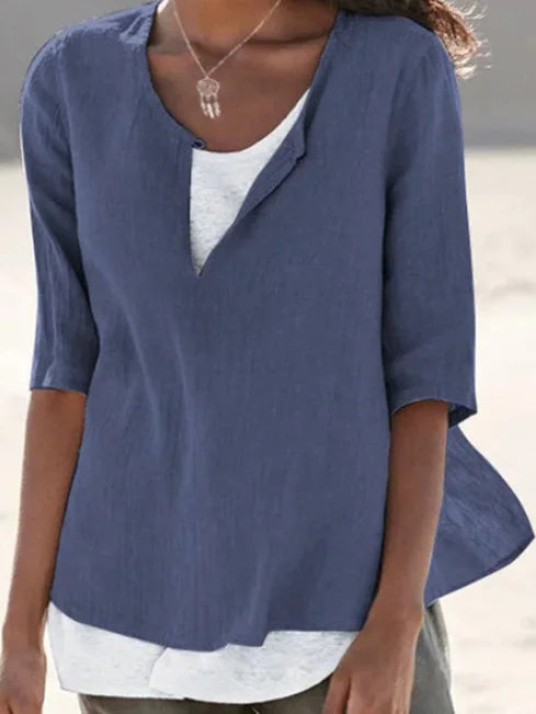 NIMA elegante witte o hals linnen dames blouse