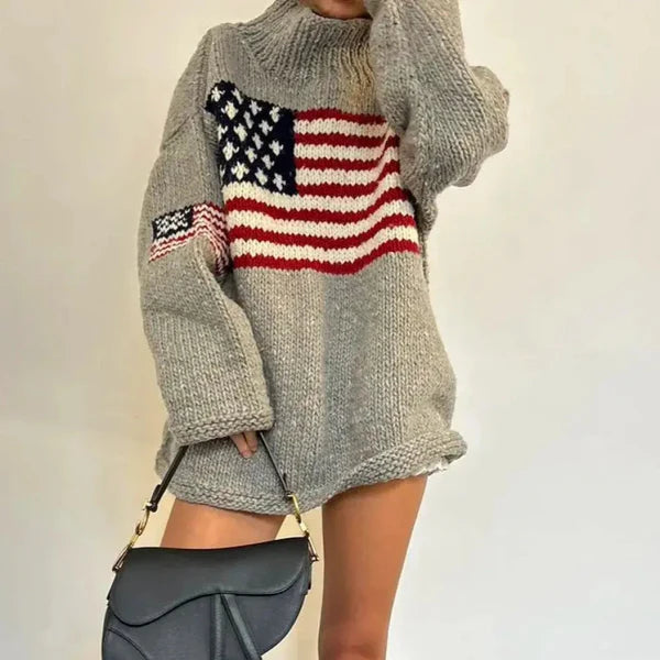 Women’s winter high-neck US flag sweater retro style – women