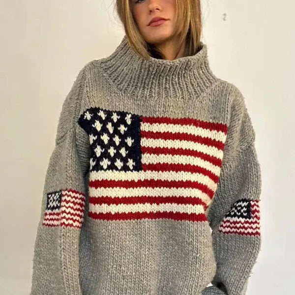 Women’s winter high-neck US flag sweater retro style – women