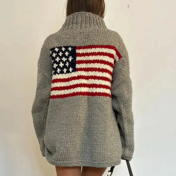 Women’s winter high-neck US flag sweater retro style – women