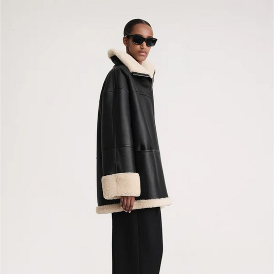 Women’s black leather fur-lined winter coat – women