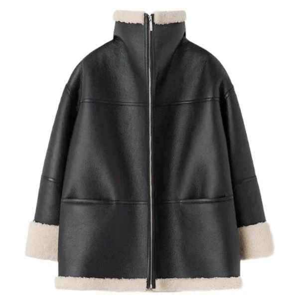 Women’s black leather fur-lined winter coat – women