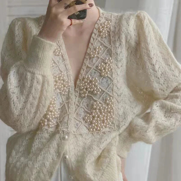 Women’s winter knit coat beige with v-neck & pearl buttons – women