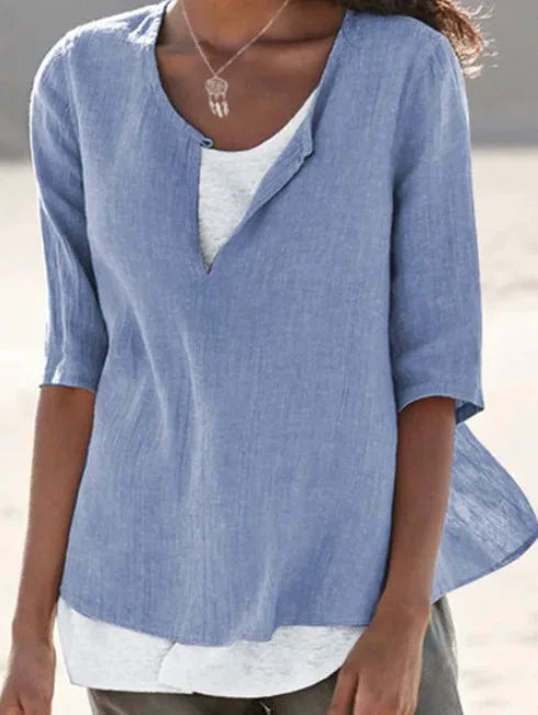 NIMA elegante witte o hals linnen dames blouse