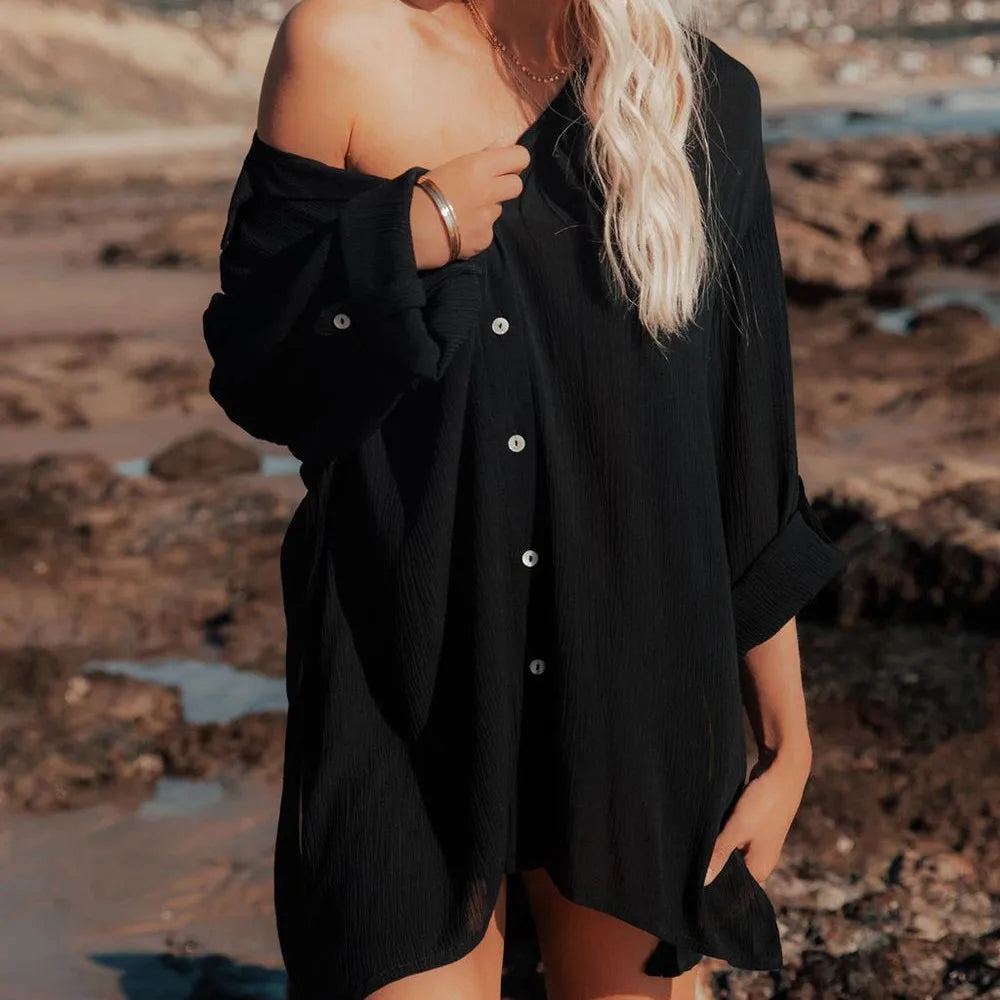 NIMA zwarte knoop revers comfortabele lange zomer blouse