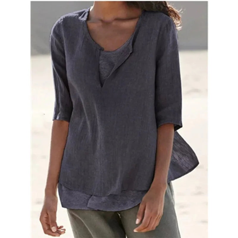 NIMA elegante witte o hals linnen dames blouse