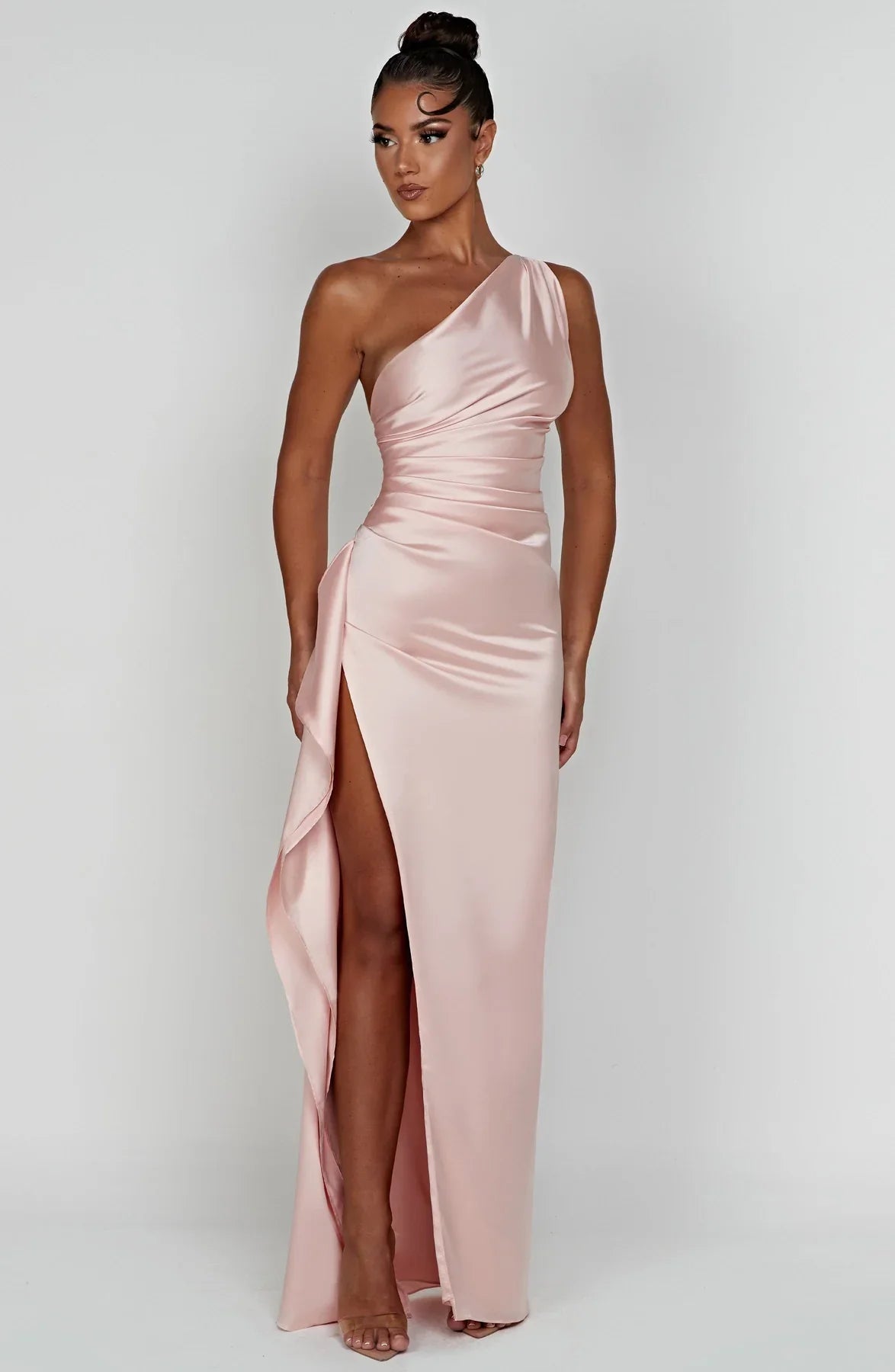 NIMA Elegante Satijnen Splitjurk met één Schouder