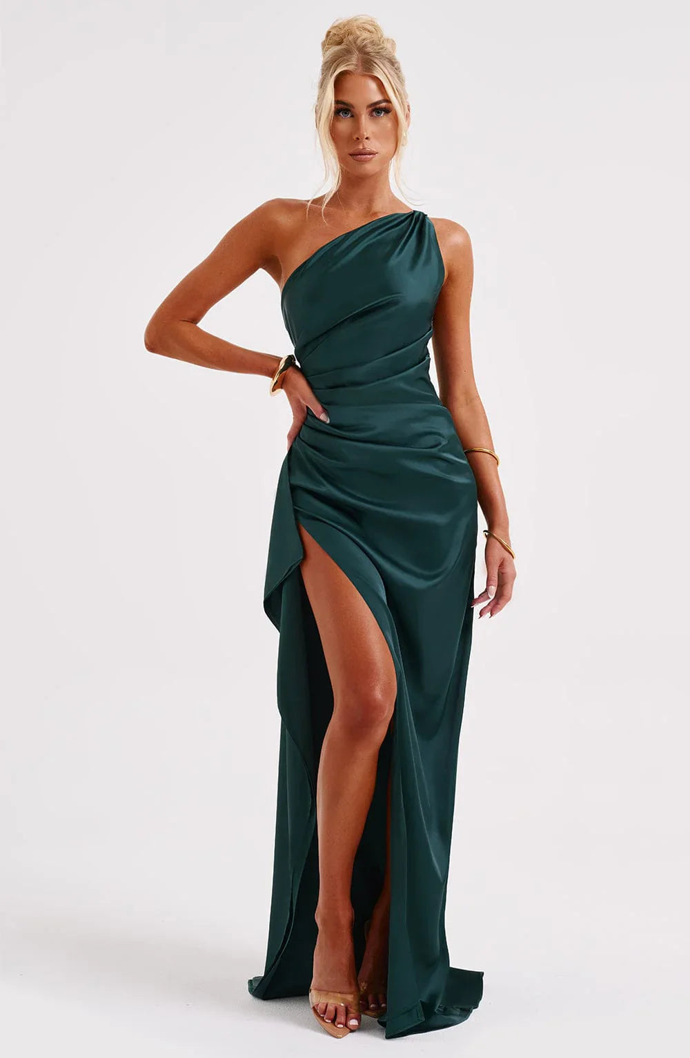 NIMA Elegante Satijnen Splitjurk met één Schouder
