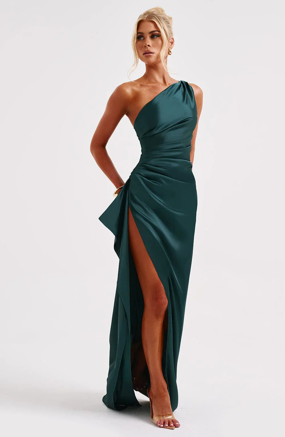 NIMA Elegante Satijnen Splitjurk met één Schouder