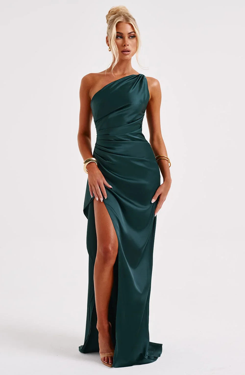NIMA Elegante Satijnen Splitjurk met één Schouder