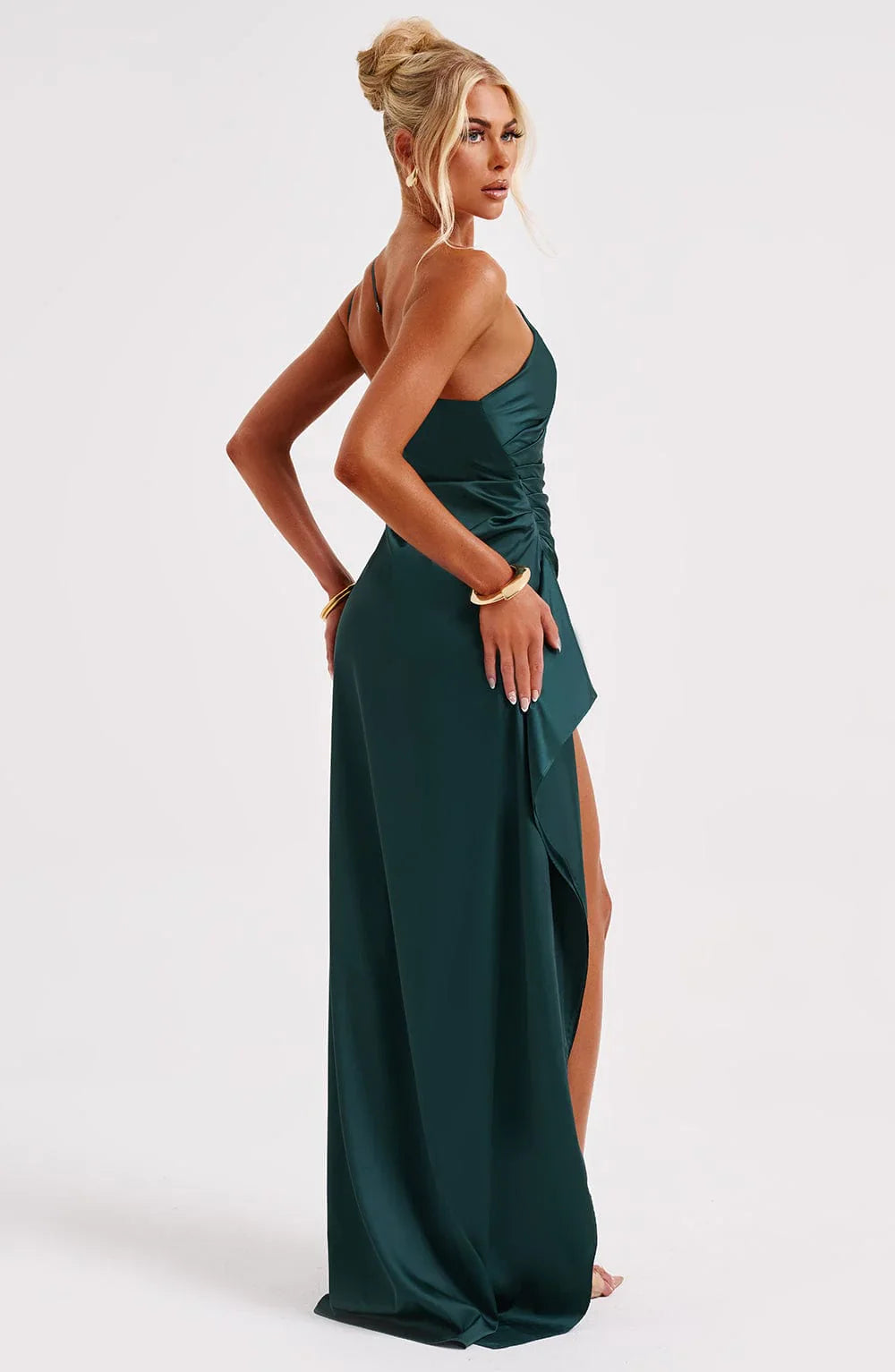 NIMA Elegante Satijnen Splitjurk met één Schouder