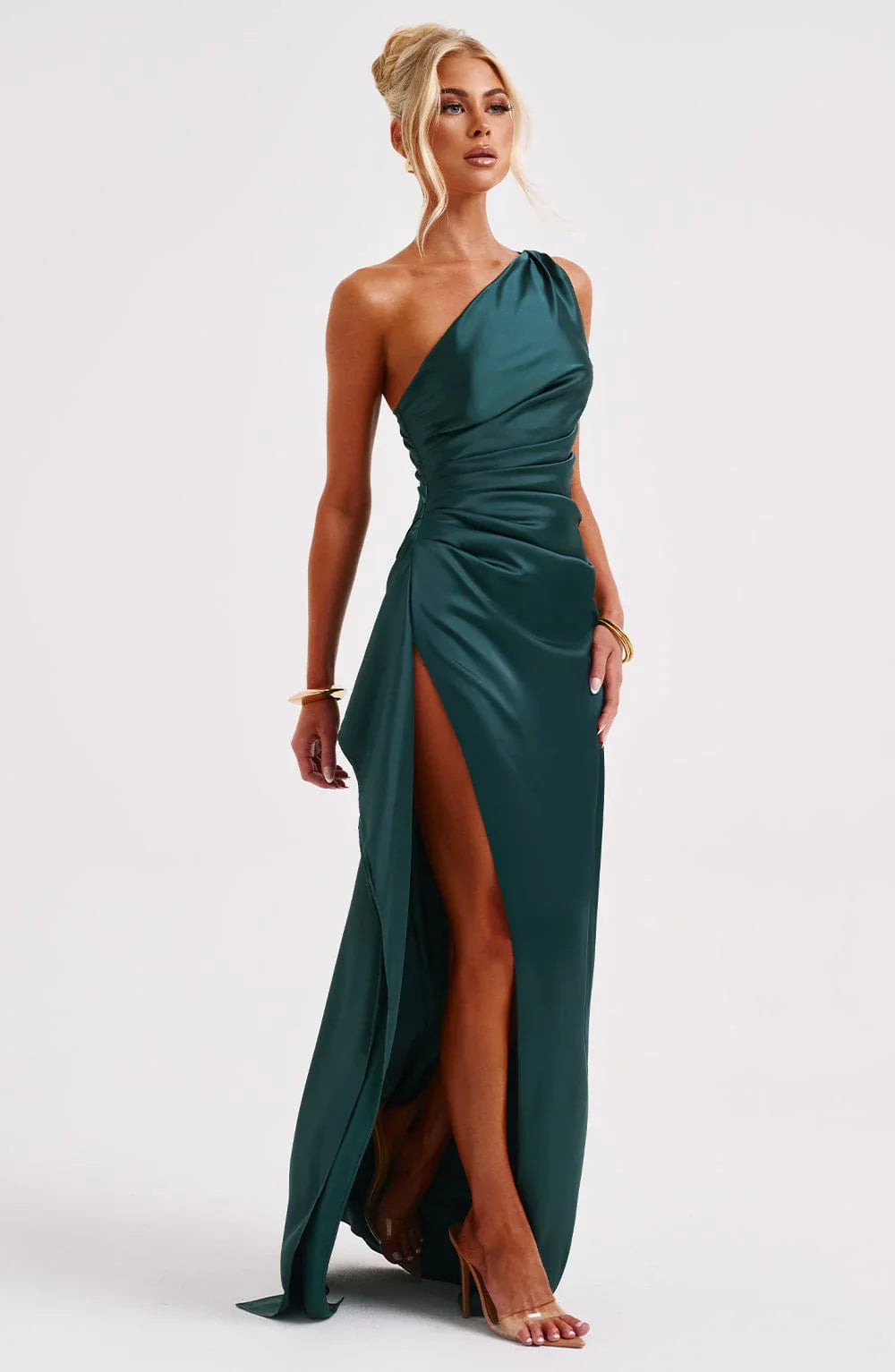 NIMA Elegante Satijnen Splitjurk met één Schouder