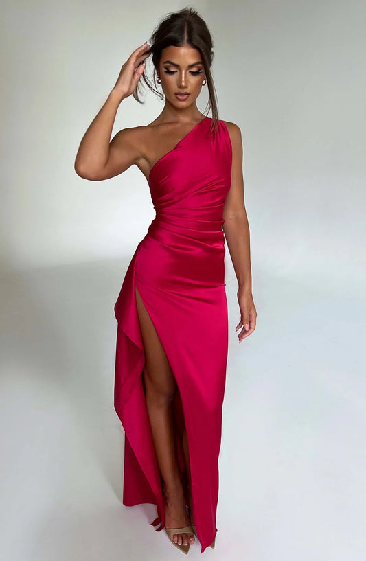 NIMA Elegante Satijnen Splitjurk met één Schouder
