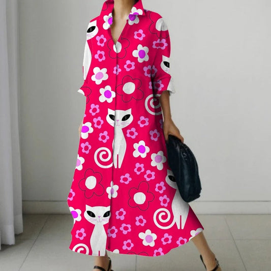 Zwarte comfortabele blouse jurk met bloemenprint en v-hals