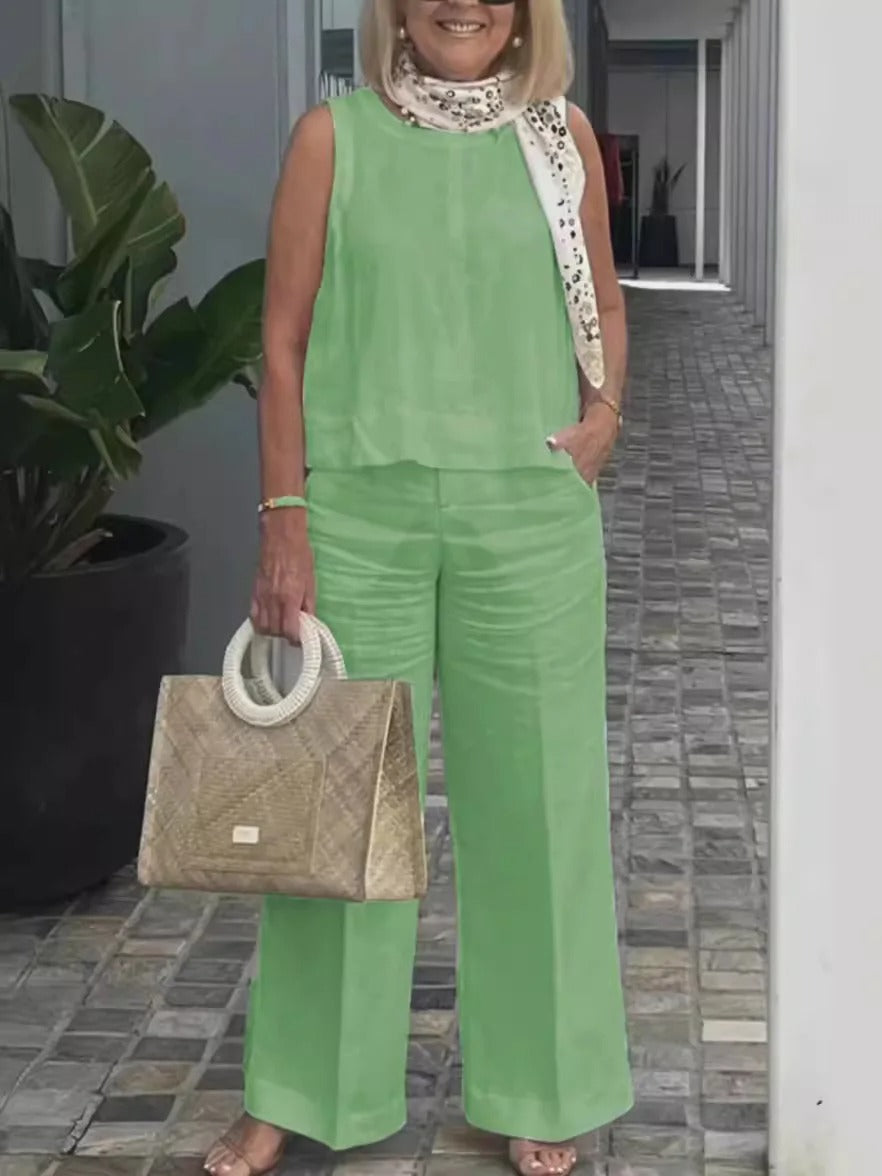 NIMA mouwloze effen kleuren wijde pijpen blouse en broek set