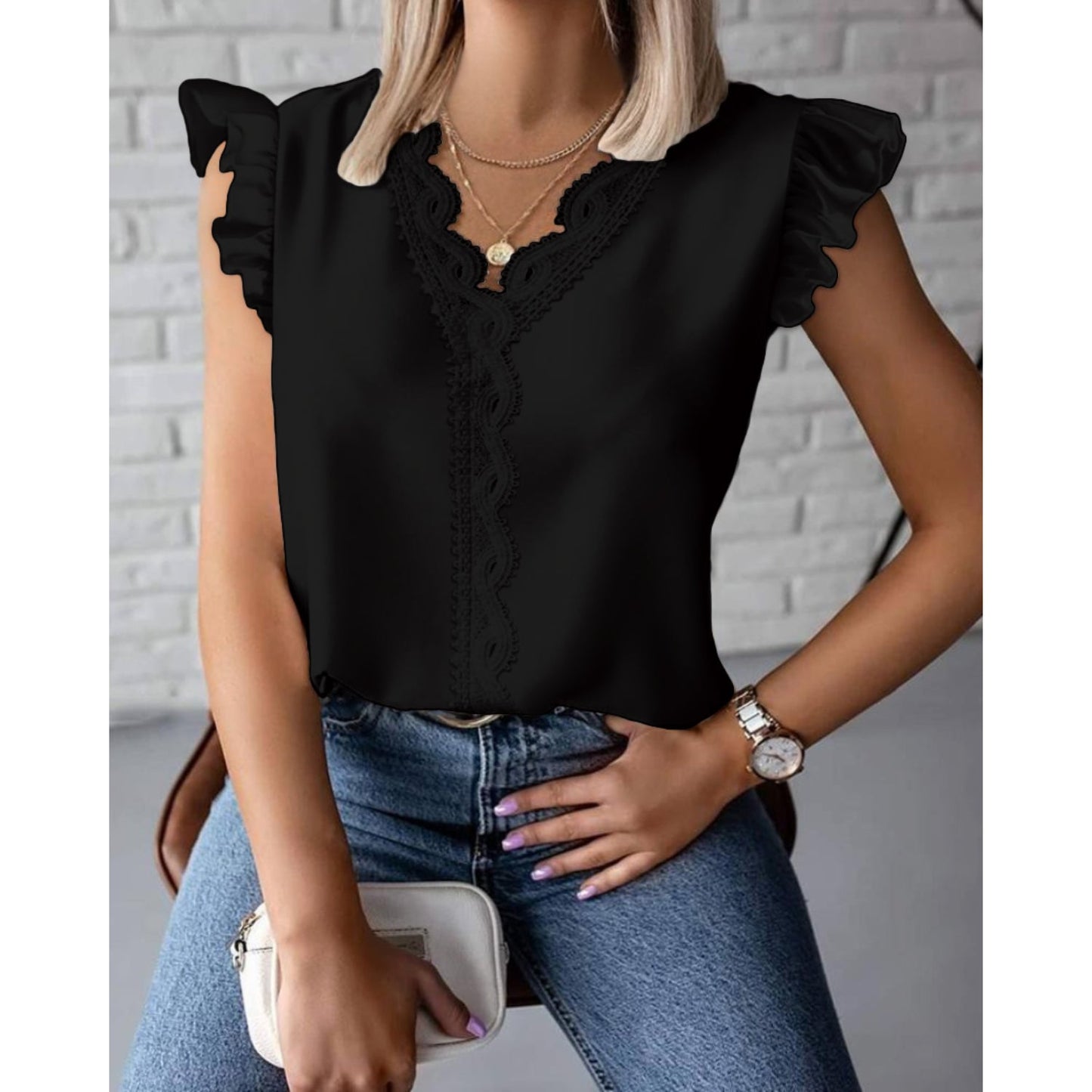 NIMA effen kleur v hals geregen korte mouwen blouse