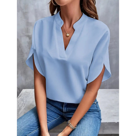 NIMA effen kleur v hals band kraag korte mouwen blouse