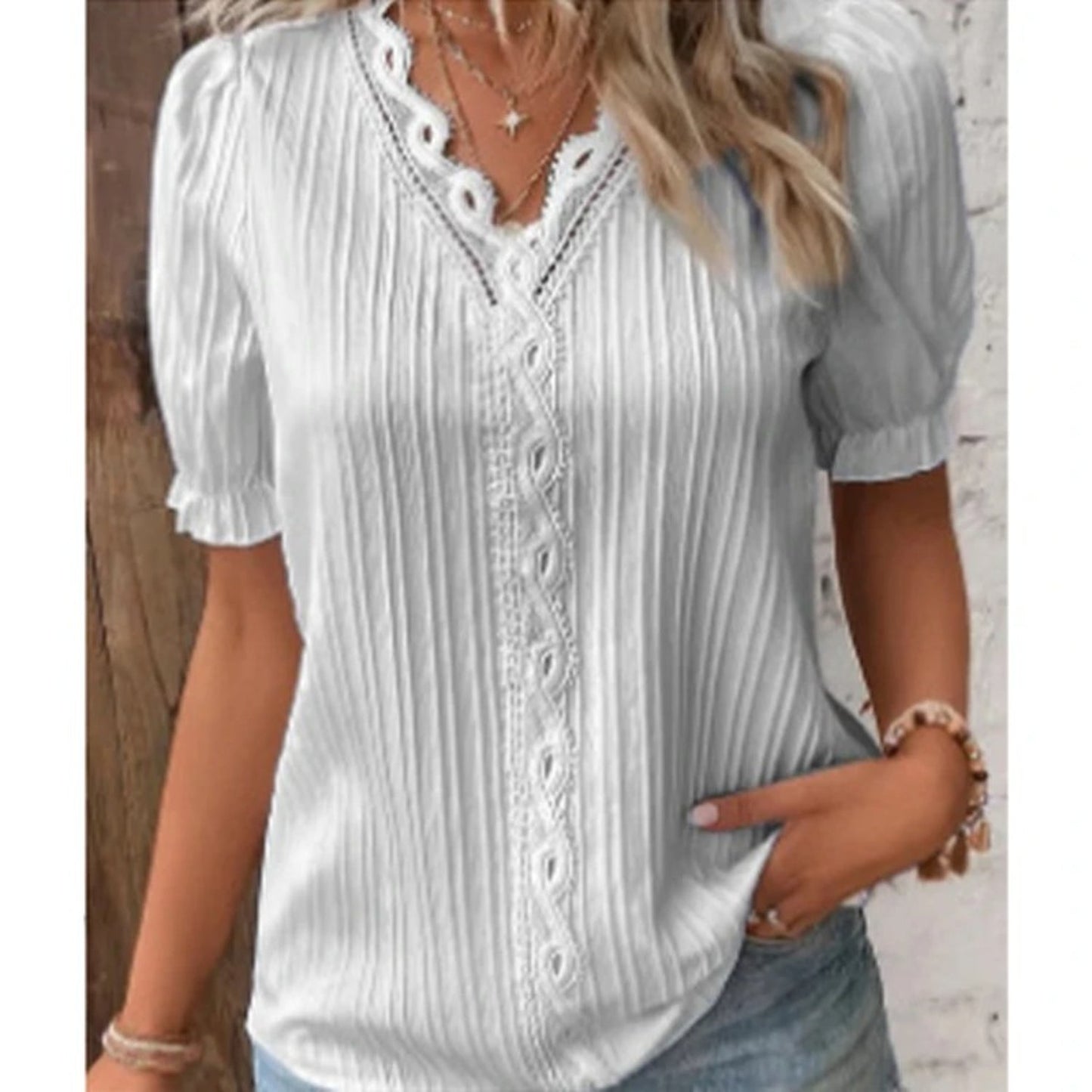 NIMA Korte mouwen blouse met geribbelde kanten kraag