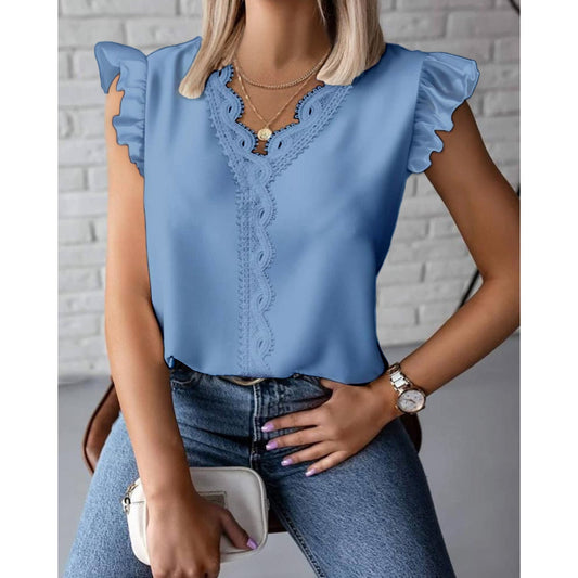 NIMA effen kleur v hals geregen korte mouwen blouse