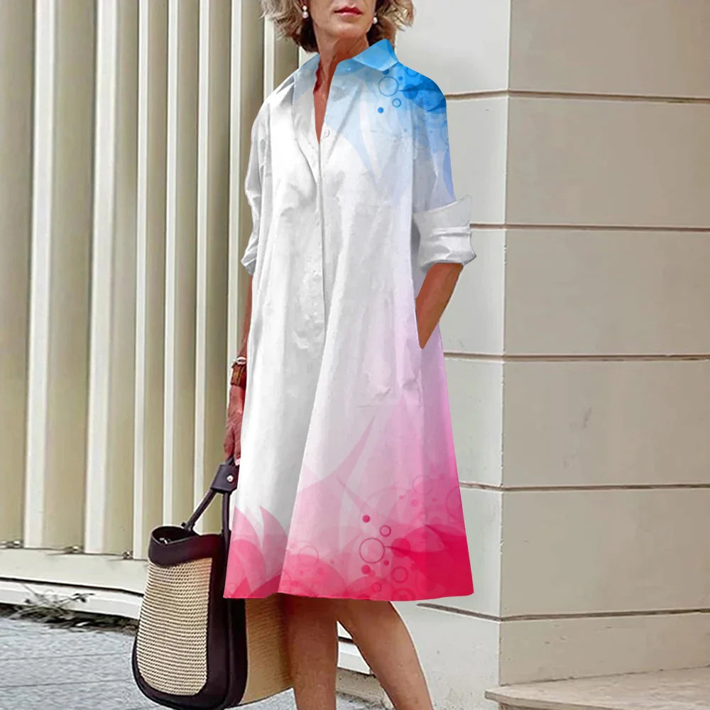 NIMA Grijs bedrukte blouse jurk met knoopkraag