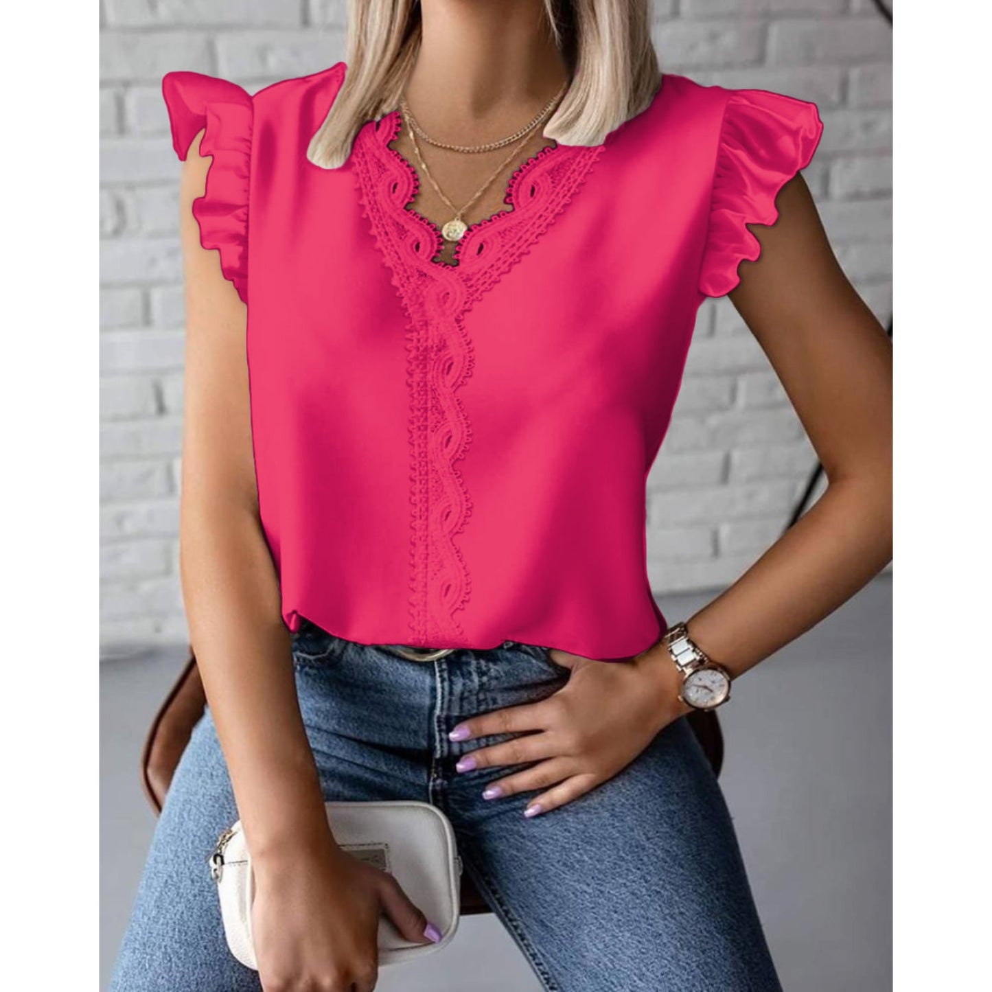 NIMA effen kleur v hals geregen korte mouwen blouse