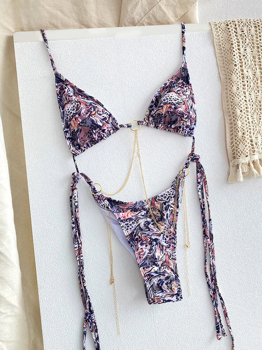 NIMA bruine bedrukte driehoekige metalen ketting brazilian bikini
