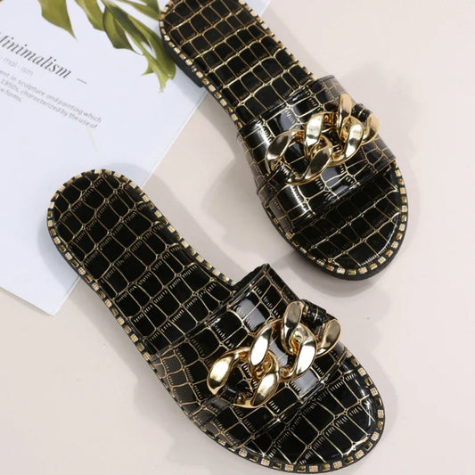 NIMA witte platte metalen werk slippers met letterprint