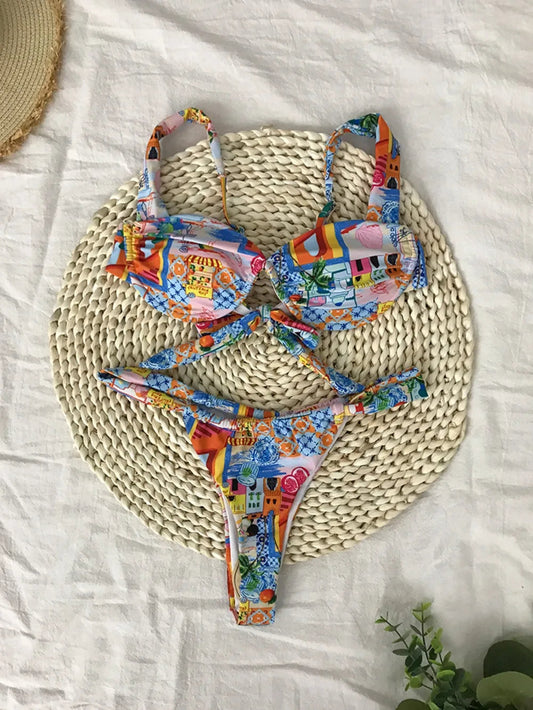 NIMA blauwe bloemenprint ademende brazilian bikini
