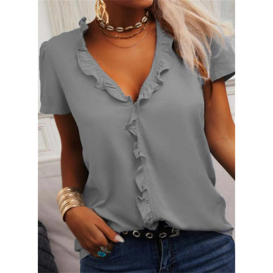 NIMA effen kleur v hals ruches kraag korte mouwen blouse