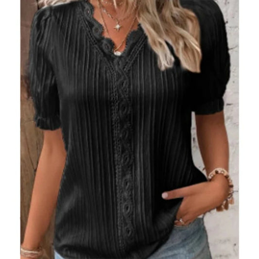 NIMA Korte mouwen blouse met geribbelde kanten kraag