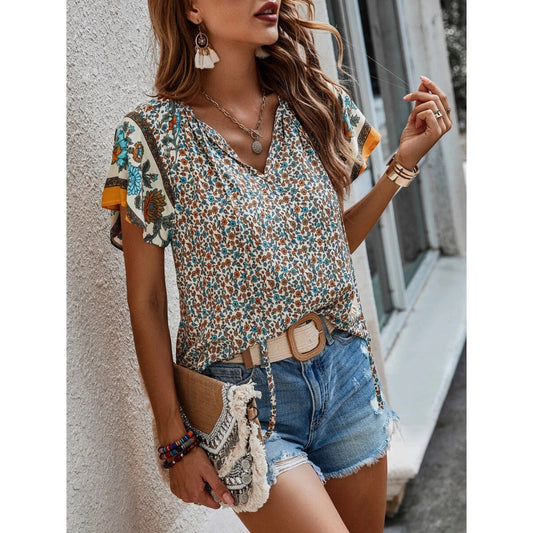 NIMA boho strand bloemenprint korte mouwen blouse