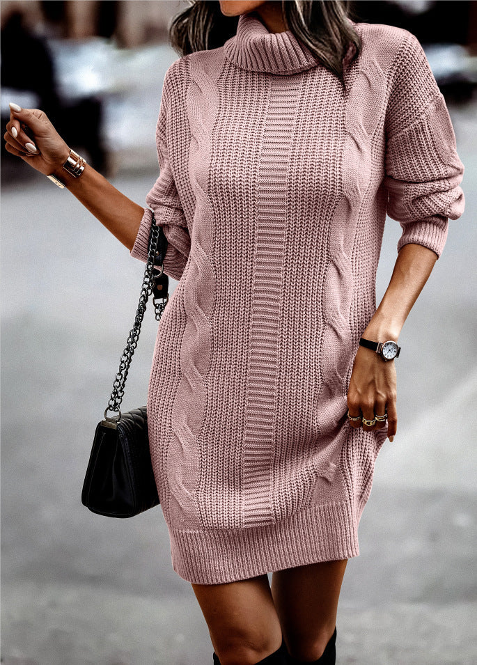 NIMA khaki knitted dress Whiteh turtleneck and hollow twist pattern
