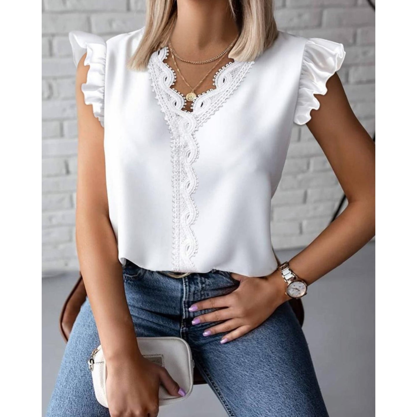 NIMA effen kleur v hals geregen korte mouwen blouse