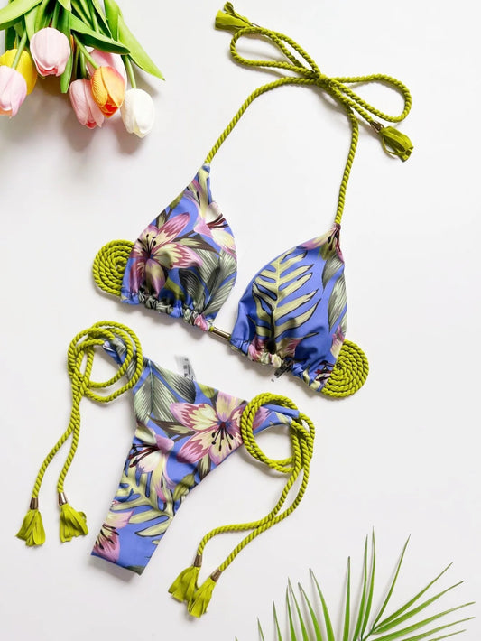 NIMA blauwe bedrukte touw lichtgewicht brazilian bikini