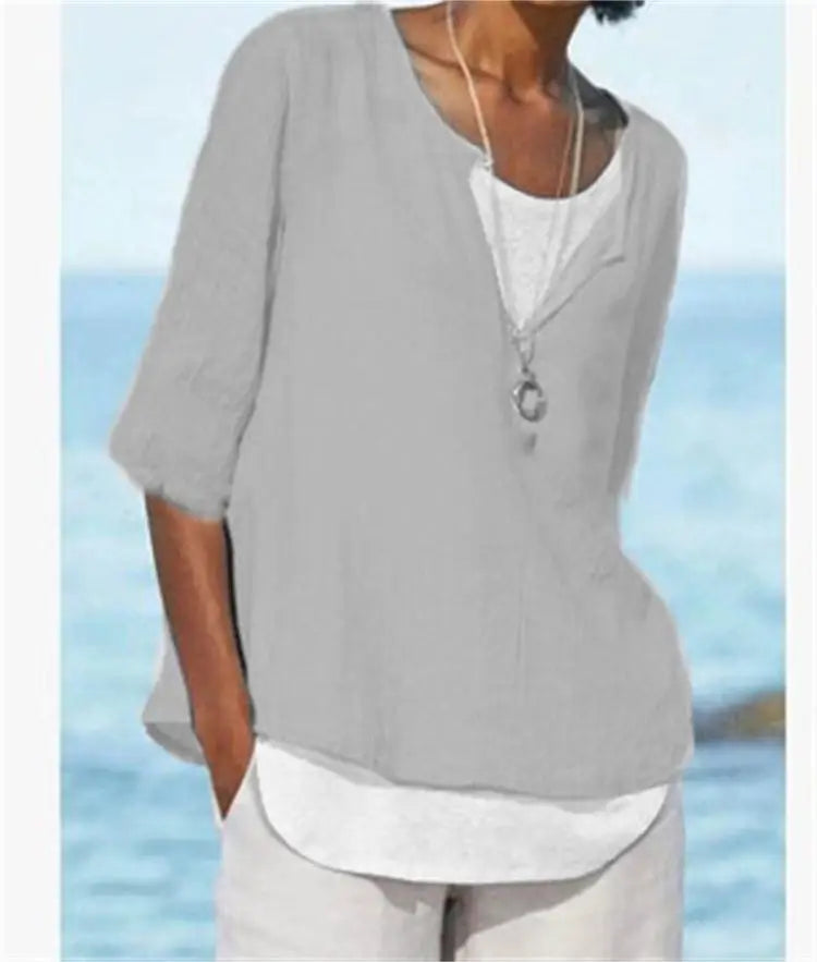 NIMA elegante witte o hals linnen dames blouse