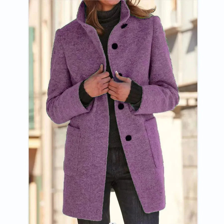 Gray wool coat with stand-up collar and pockets