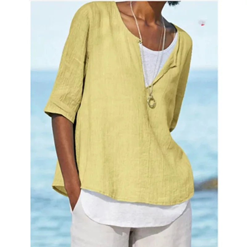 NIMA elegante witte o hals linnen dames blouse