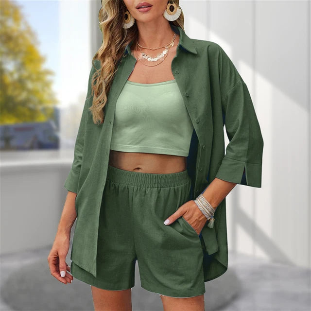 NIMA T-shirt met kraag, elastische shorts zomer set dames