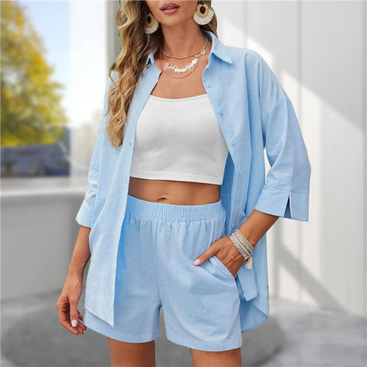 NIMA T-shirt met kraag, elastische shorts zomer set dames