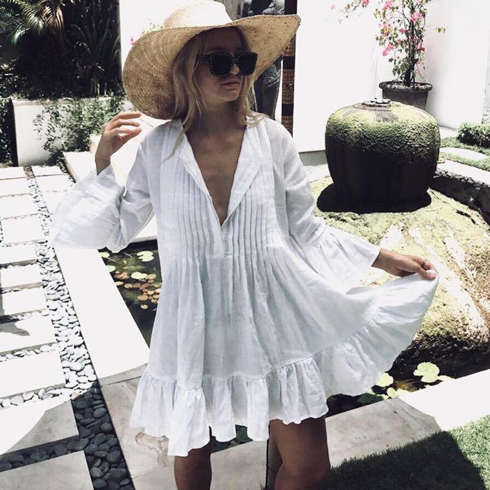 NIMA witte gevoerde lange zomer blouse met ronde hals